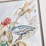 Aquarelle signée D.Desser oiseaux et fleurs