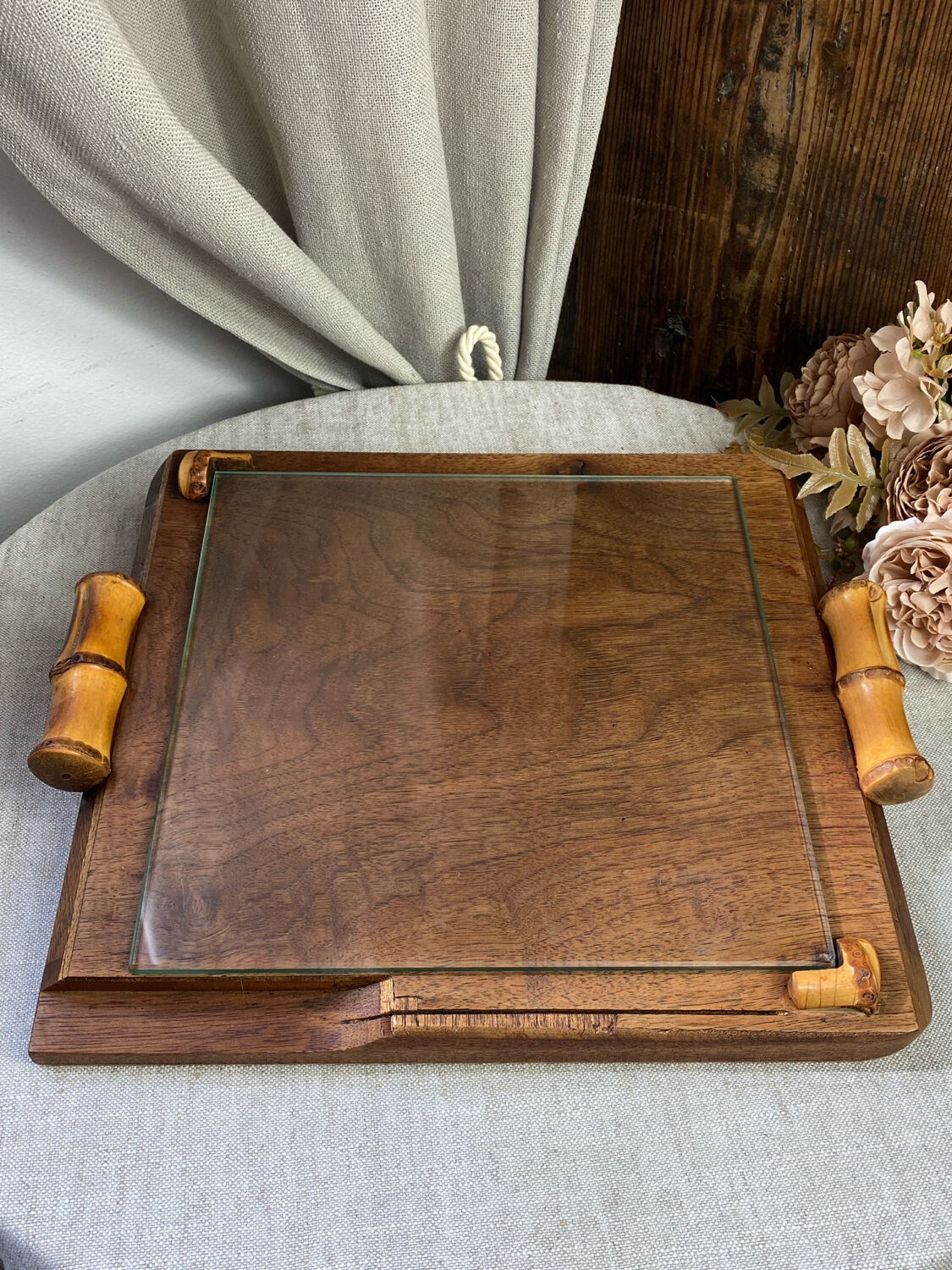 Wood and glass bamboo plateau