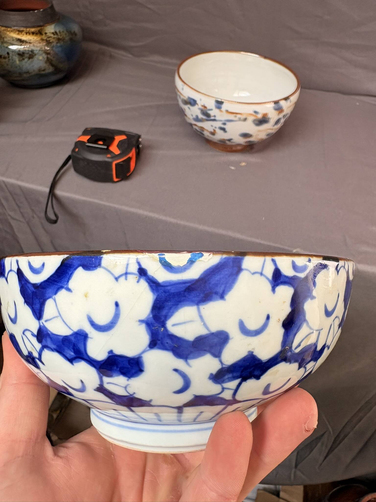 Antique Japanese Ceramic Bowl Cherry Blossom Floral Blue 19th Century