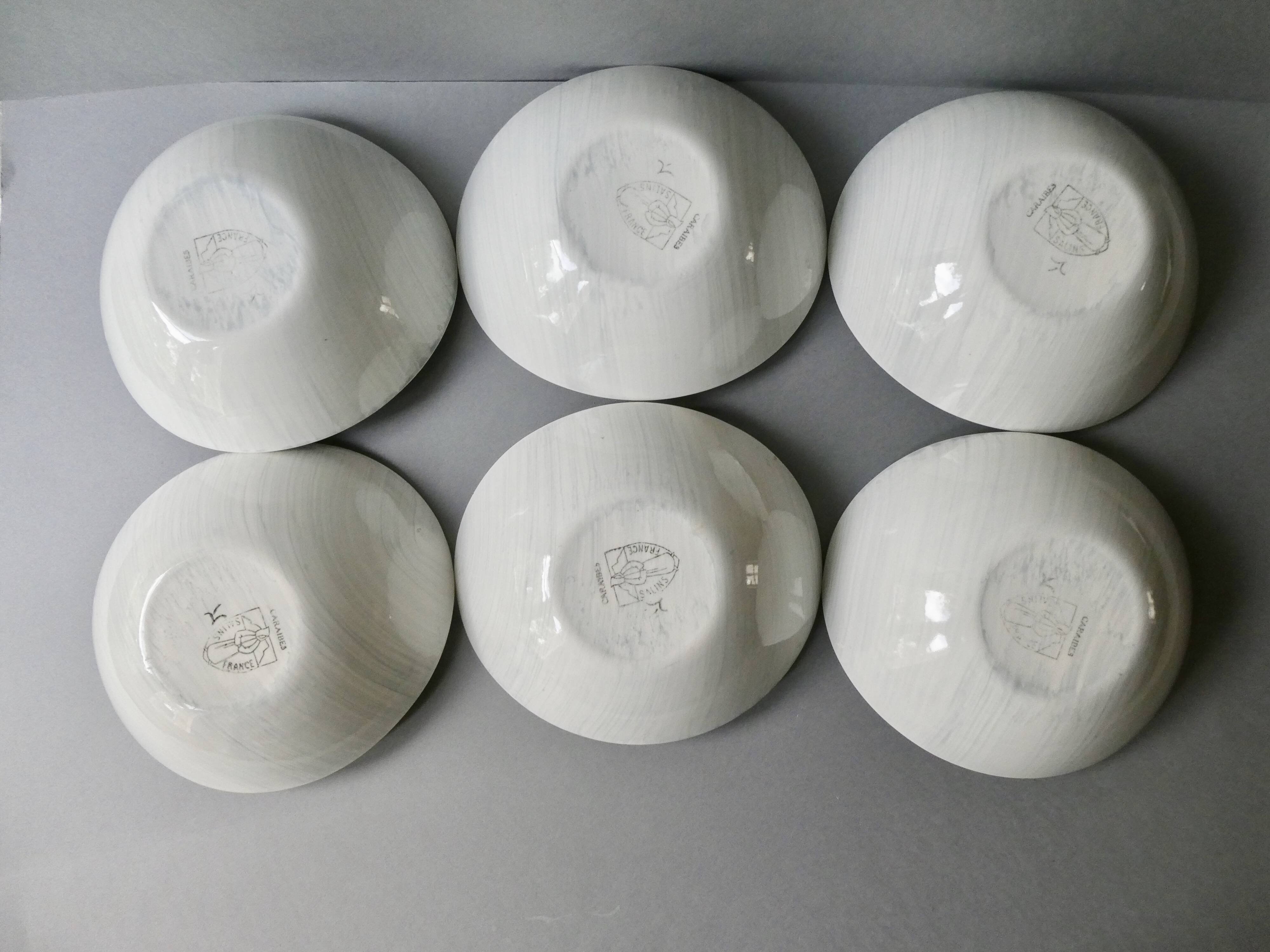 6 ceramic cups Salins France, Caribbean, 60s