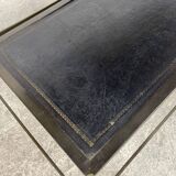 Table basse en laiton, verre et cuir des années 50