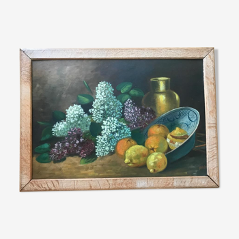 Still life with lilac oil on framed panel