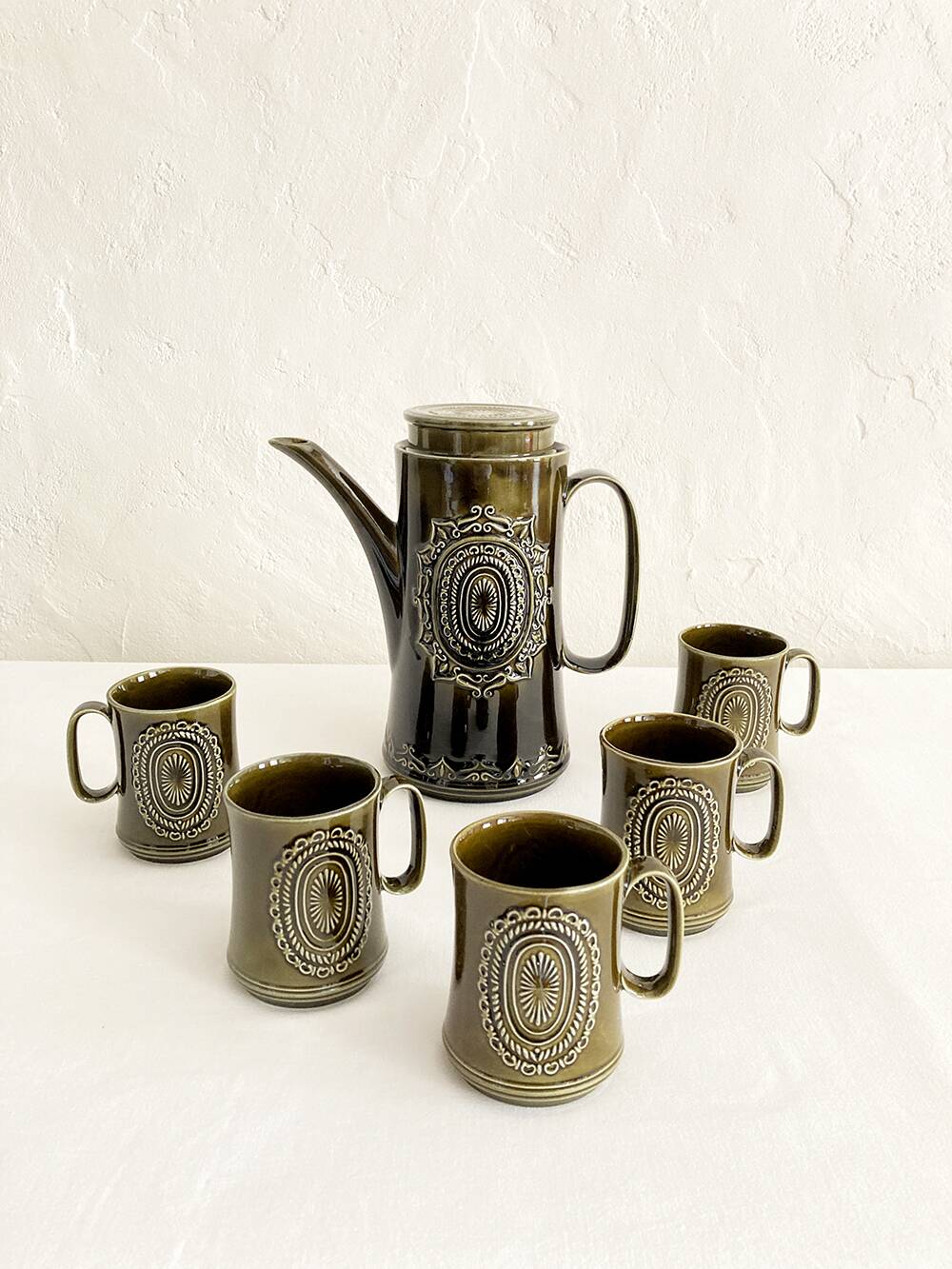 Furnivals porcelain coffee pot and 5 cup set, Made in England
