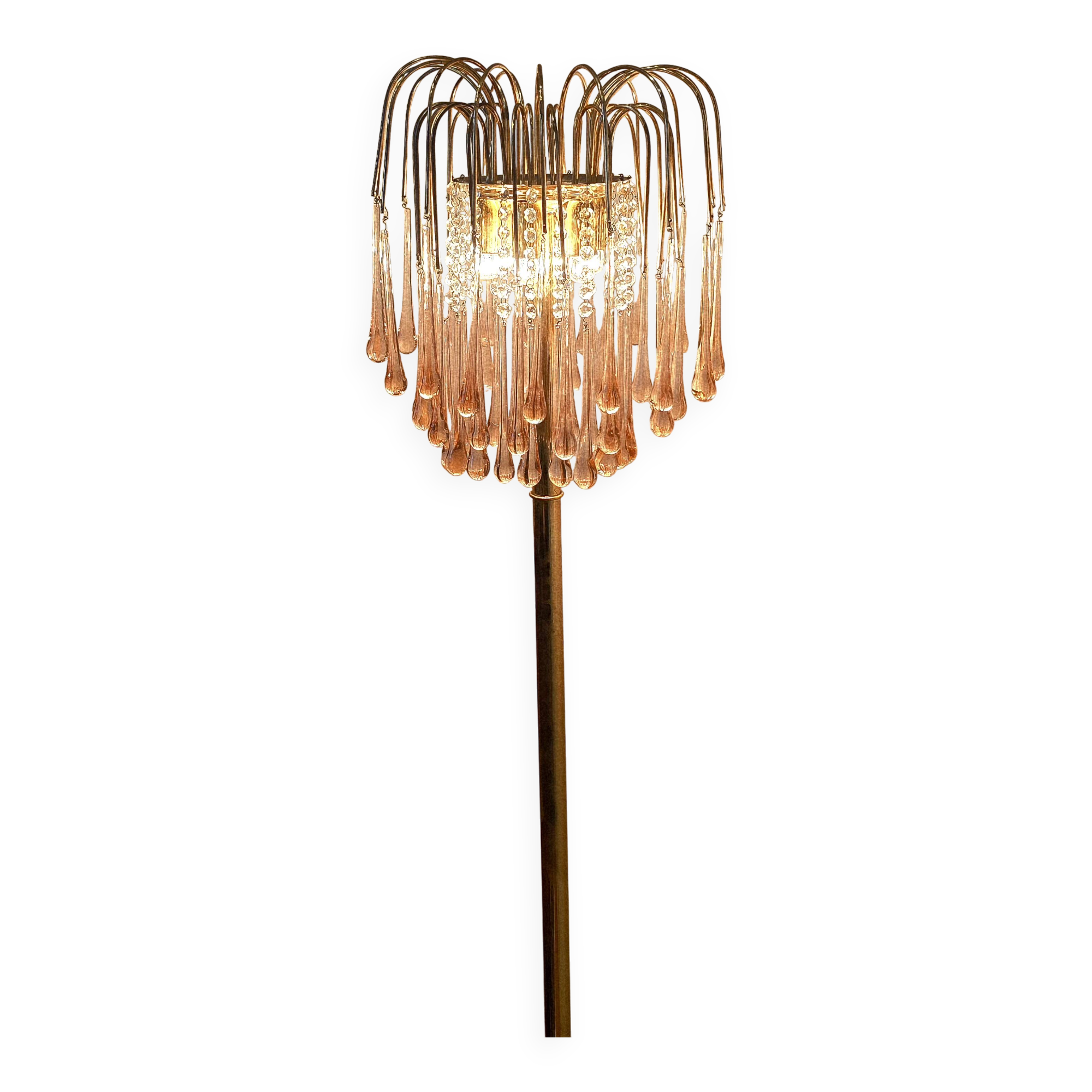 Lampe de sol vintage style Regency avec gouttes Murano en forme de cascade rose.