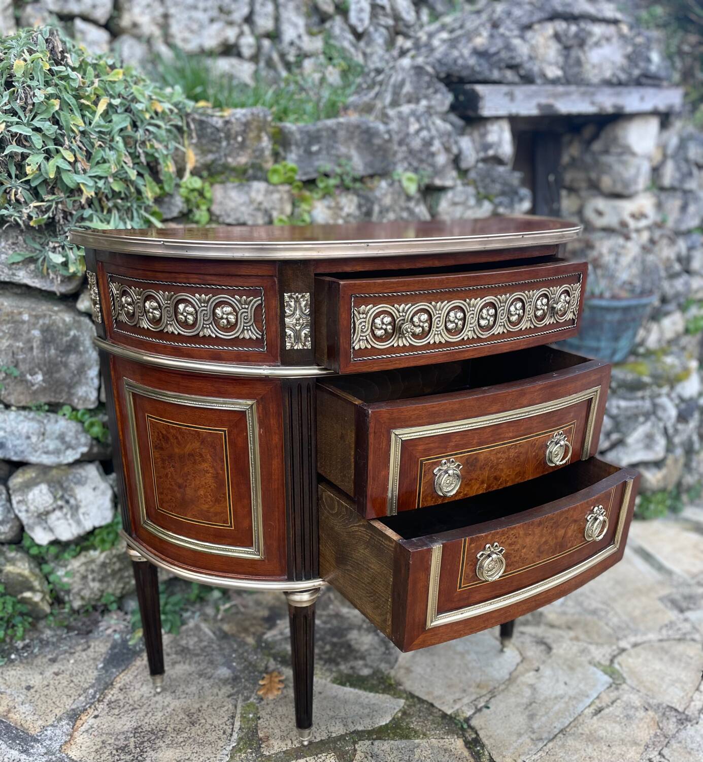 Louis XVI style mahogany and gilded bronze chest of drawers, 20th century