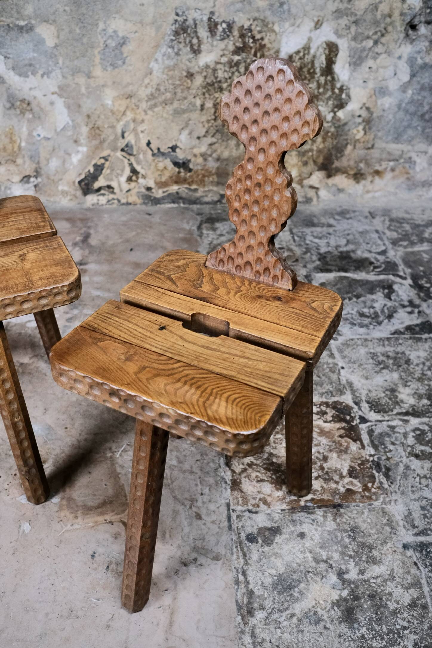 Pair of solid oak Breton chairs in folk art style