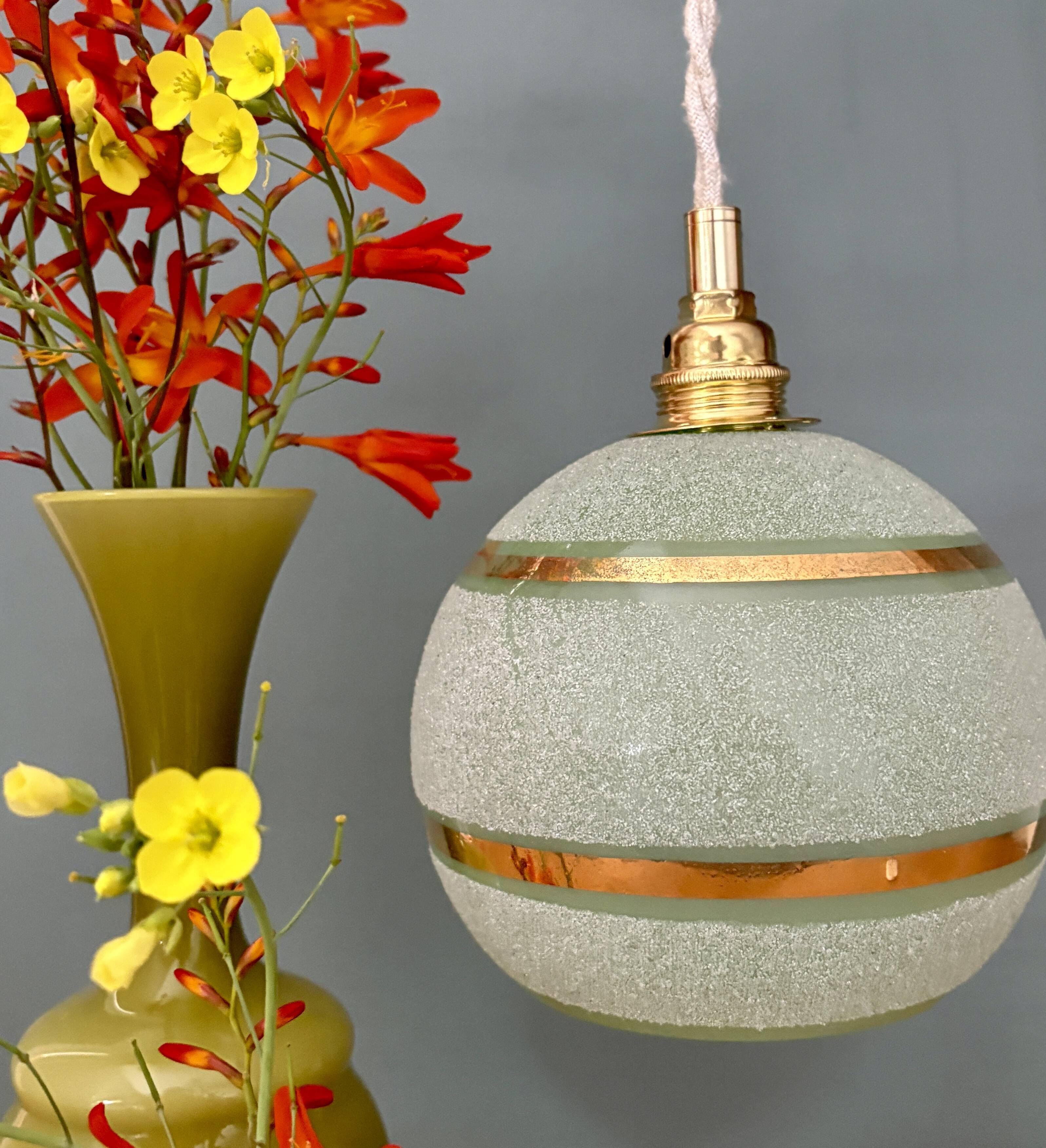Vintage globe pendant light in green and gold granite glass