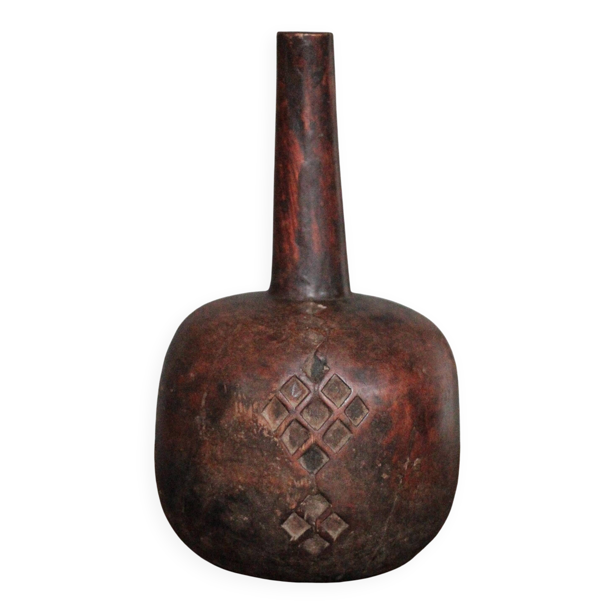 Vintage African wooden carved gourd bottle.