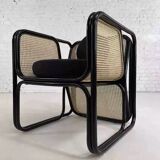Fauteuil cubique en rotin noir et cannage