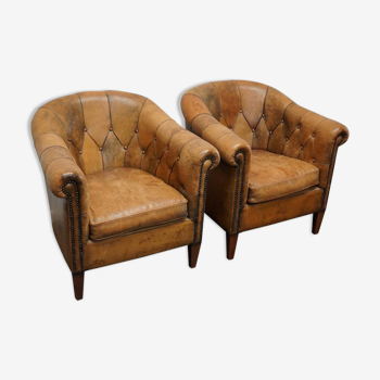 Paire de fauteuils club vintage en cuir Pays-Bas