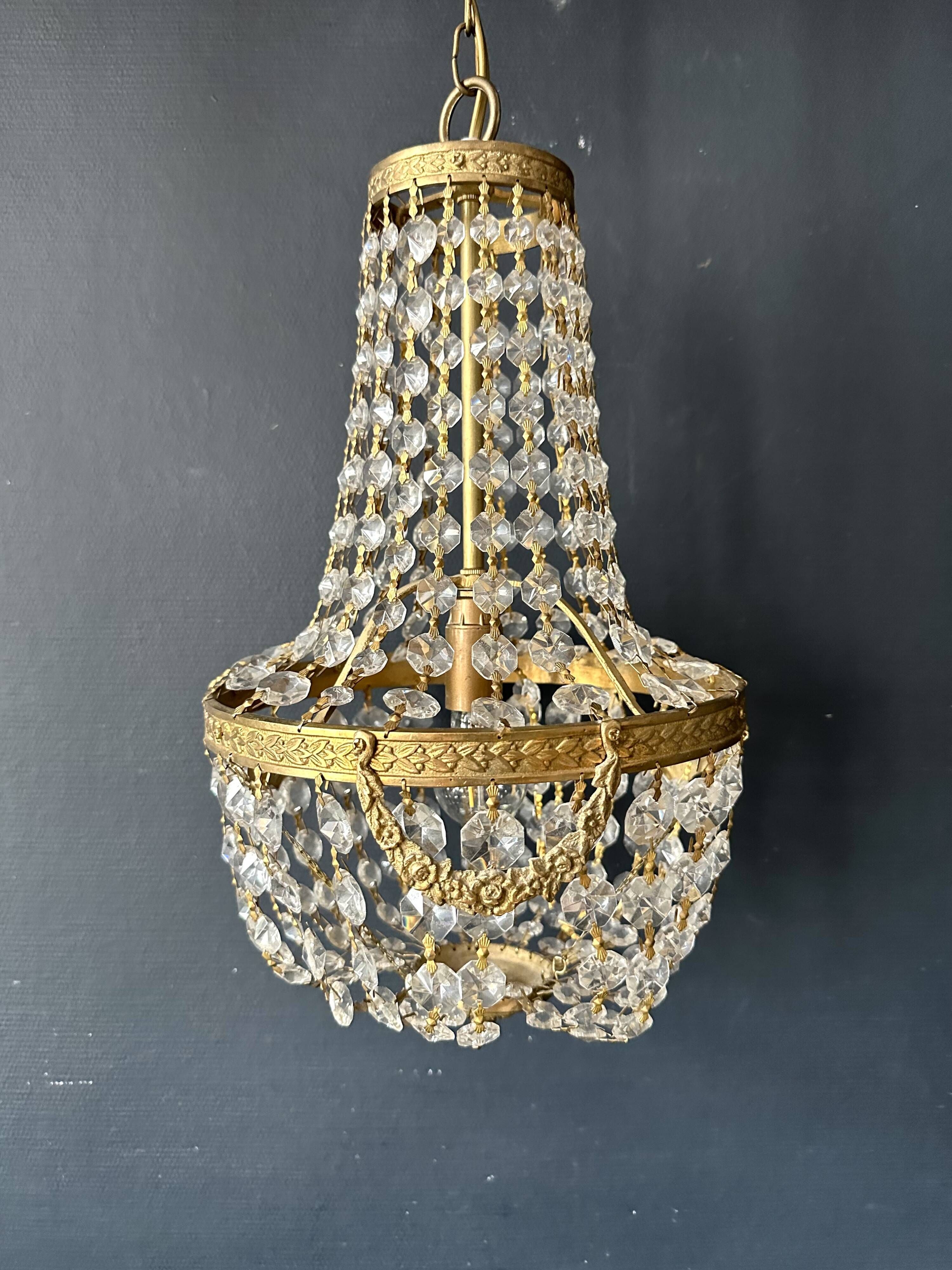 Golden bronze hot air balloon chandelier with glass pendants, mid-20th century.