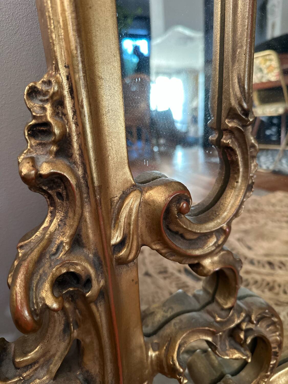 Antique mirror with carved gilded wood glazing beads 164x127