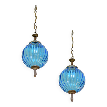 2 suspensions en verre de Murano bleu, 1960