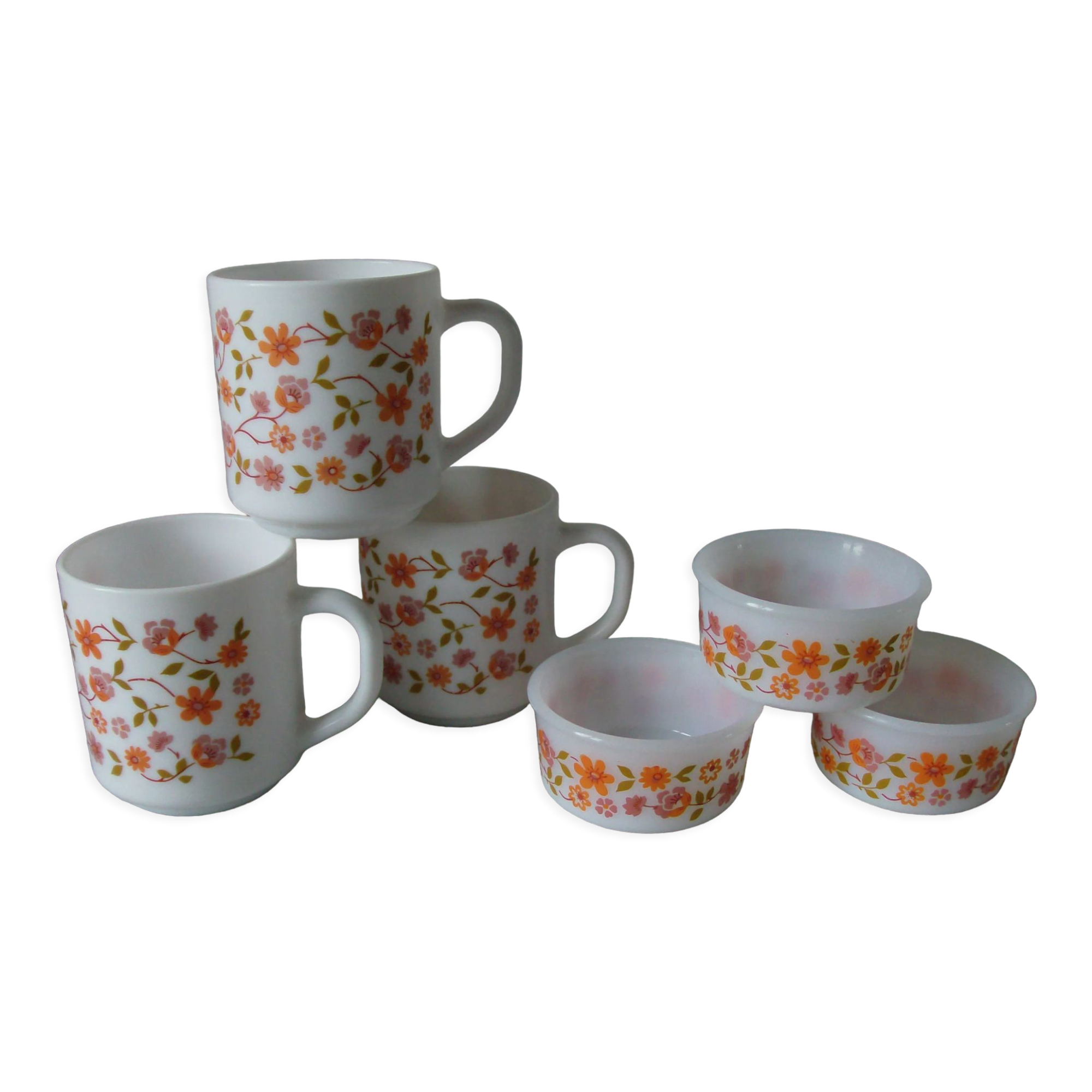 Set of 3 mugs and 3 ramekins Arcopal floral floral decoration from 1970/80