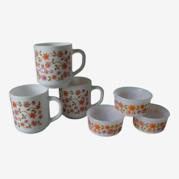 Lot de 3 mugs et 3 ramequins Arcopal décor Scania floral fleuri de 1970/80