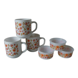 Set of 3 mugs and 3 ramekins Arcopal floral floral decoration from 1970/80