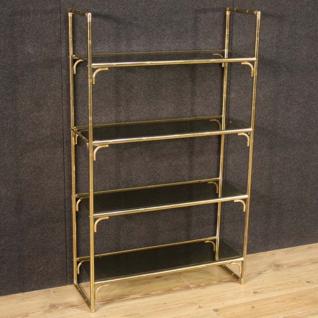 Italian Bookshelf In Golden Metal With Glass Shelves