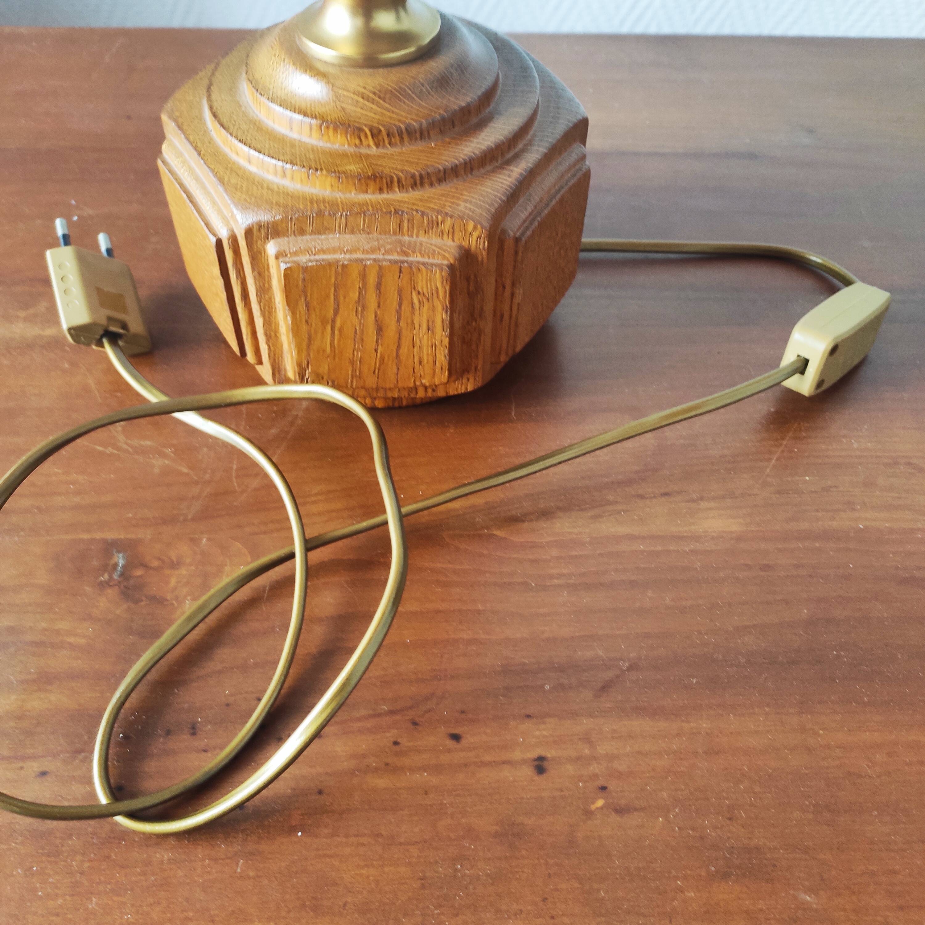 Vintage 70s salon lamp made of turned and sculpted oak wood.