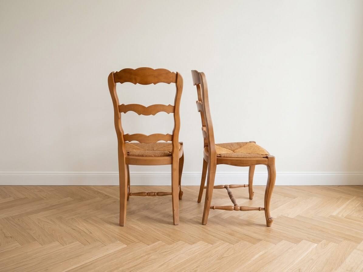 Set of 6 antique chairs in solid cherry wood and woven straw.