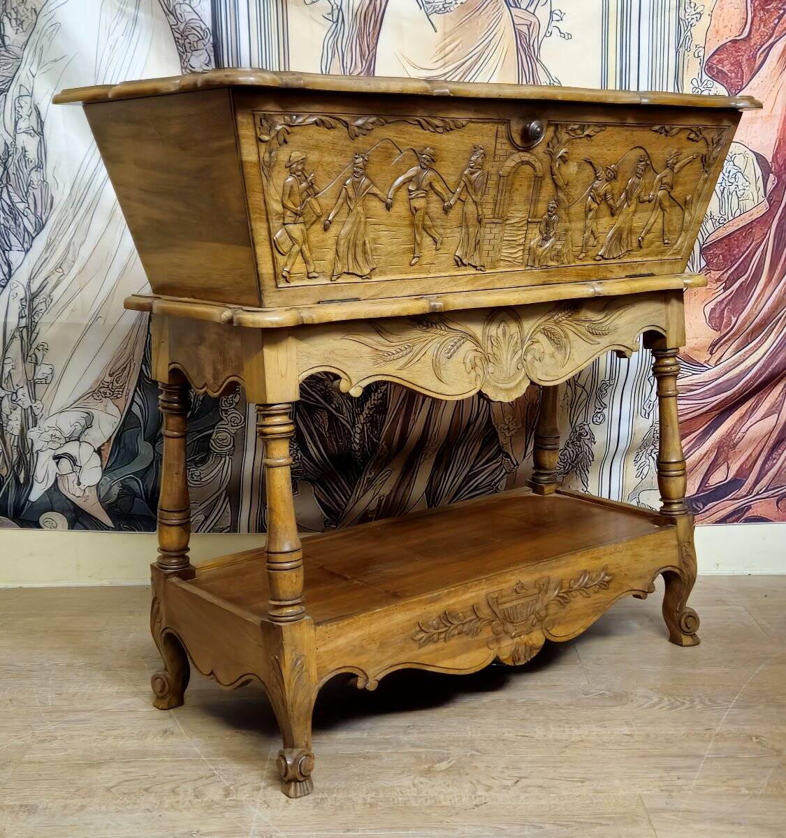 Bread trough / carved walnut – animated scene decoration – early 20th century