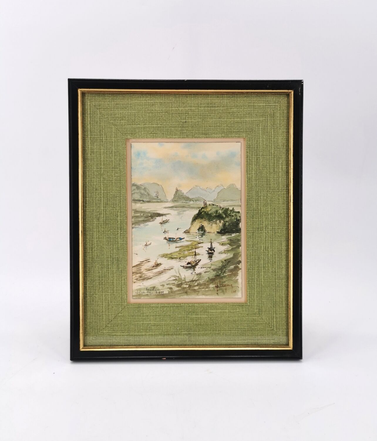 TABLEAU ANCIEN AQUARELLE Paysage Verdoyant Campagne Bord De L'eau Signé