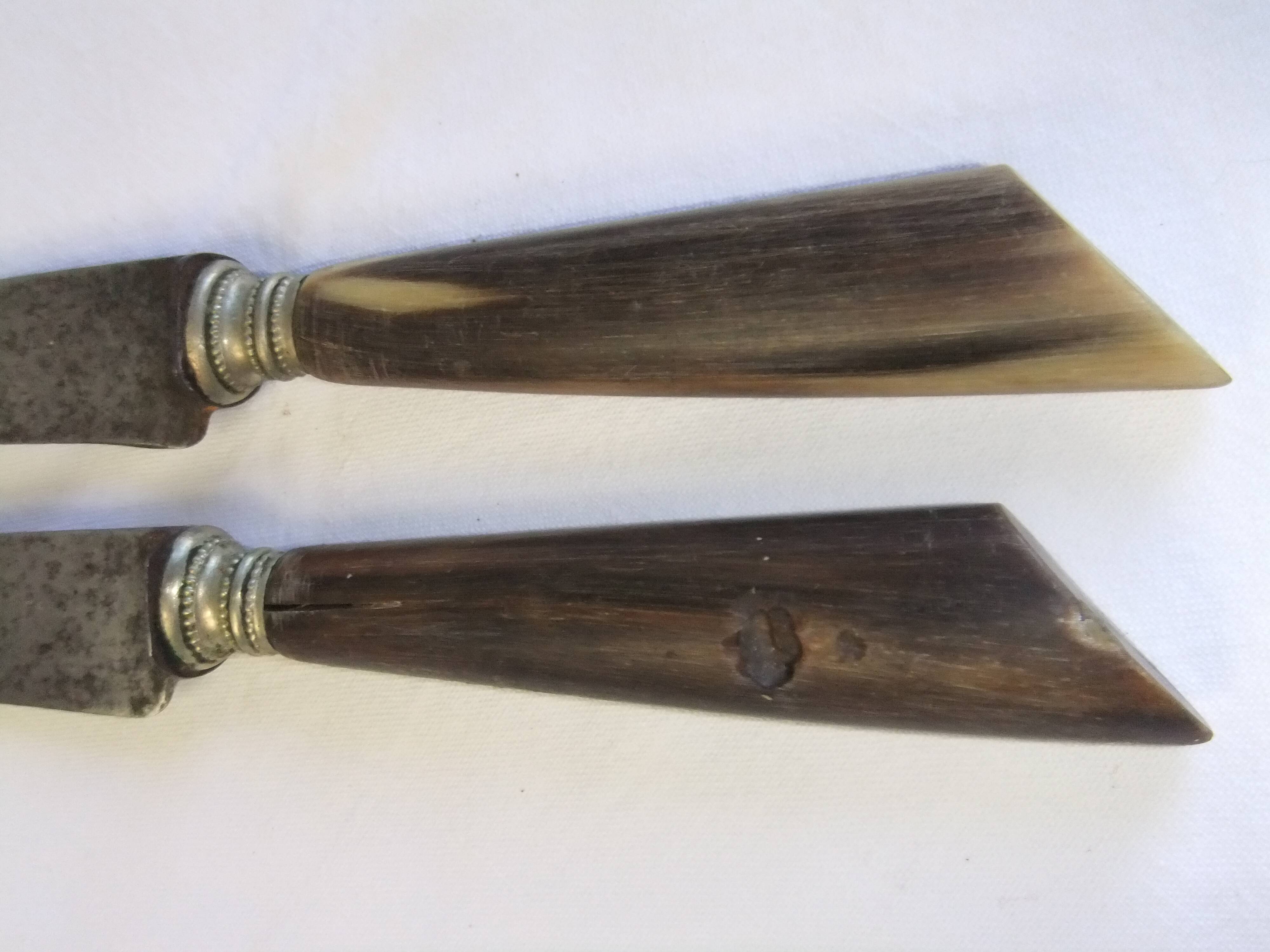 Table service knives old steel blade horn ferrule