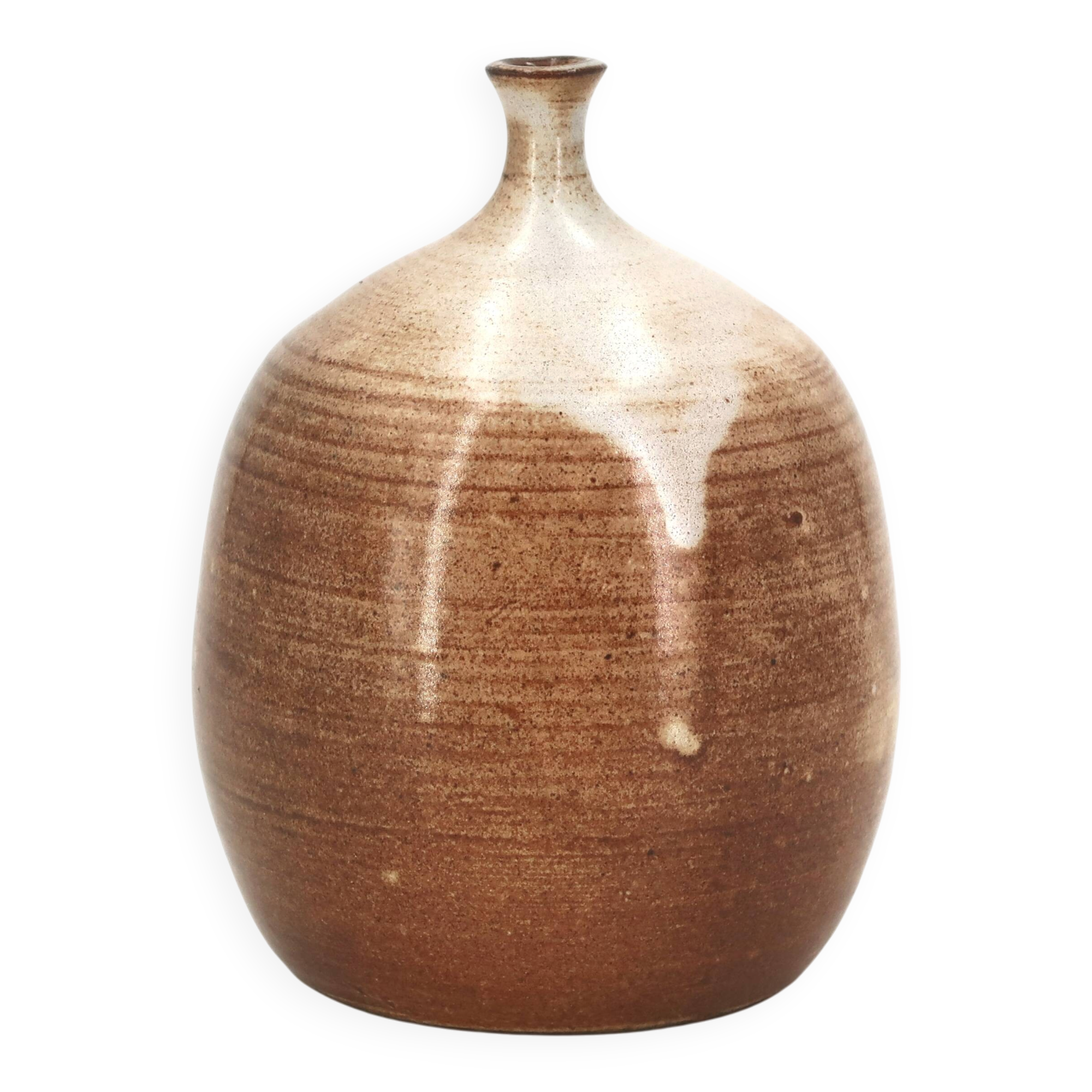 Ovoid vase with a small neck in brown beige ceramic and white drips.