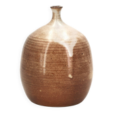 Vase ovoïde à petit col en céramique marron beige et coulures blanches