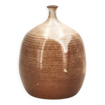 Vase ovoïde à petit col en céramique marron beige et coulures blanches