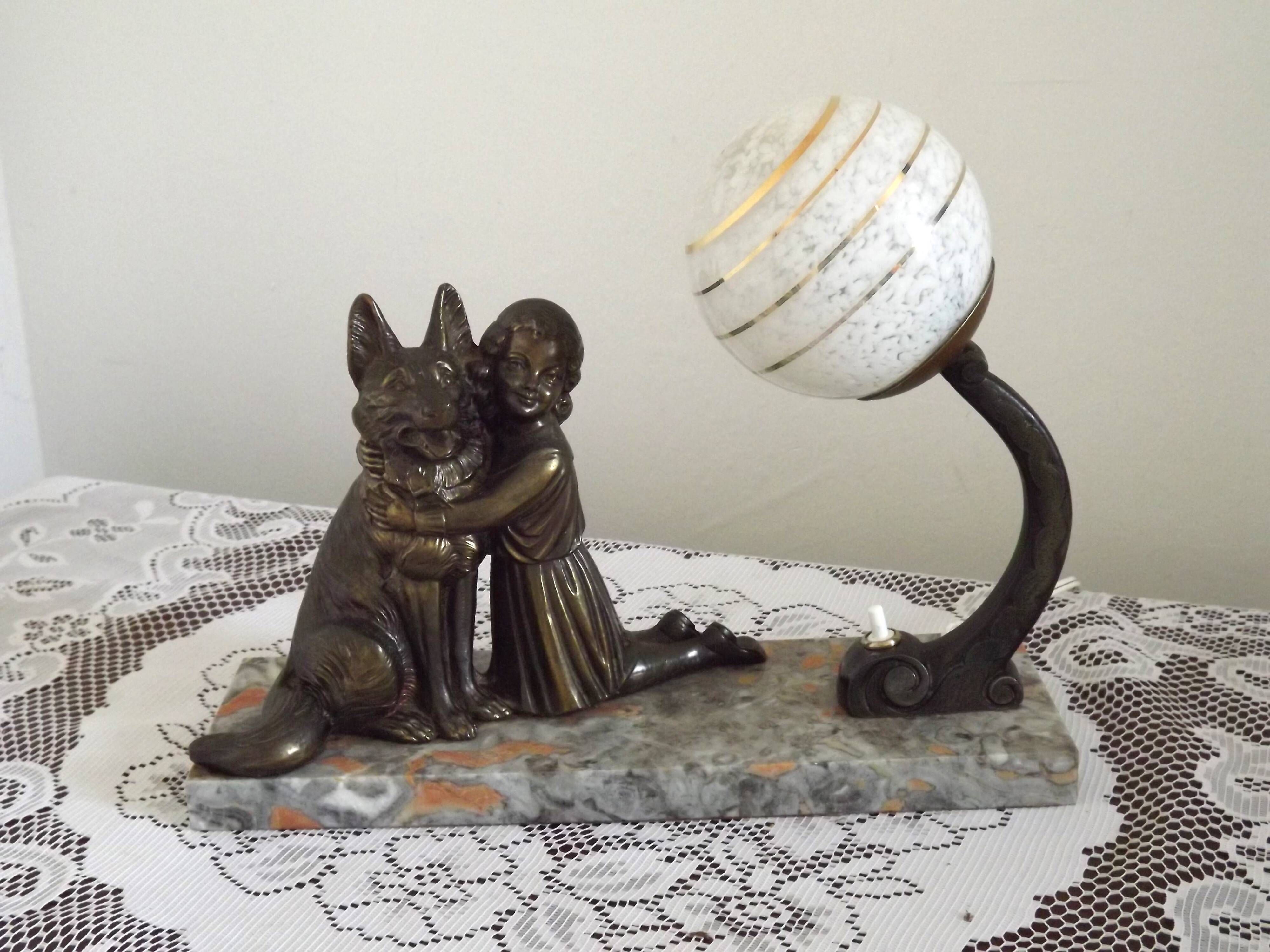 French Art Deco Table Lamp – Kneeling Girl with Dog & Clichy Glass Shade