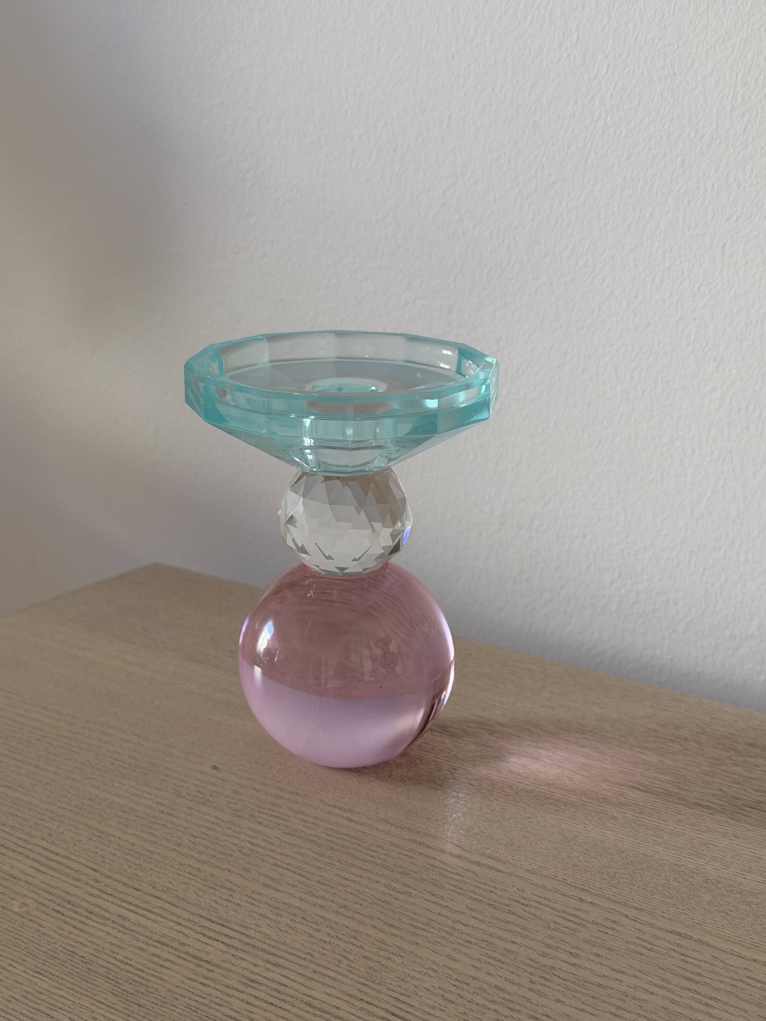 Sculptural candle holder in frosted pink and blue glass