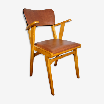 Fauteuil bridge hêtre & skaï, vers 1960