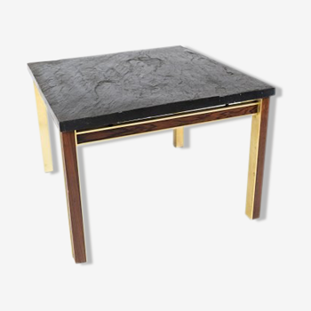 Table basse avec plaque d’ardoise, cadre en métal doré et bois de rose par Bendixen Design des années 1970.