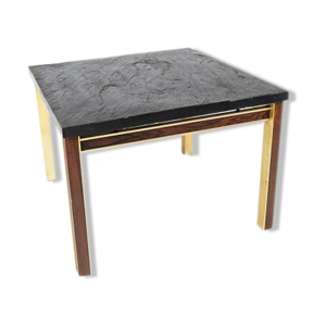 table basse avec plaque d’ardoise, cadre en métal doré et bois de rose par Bendixen Design des années 1970.