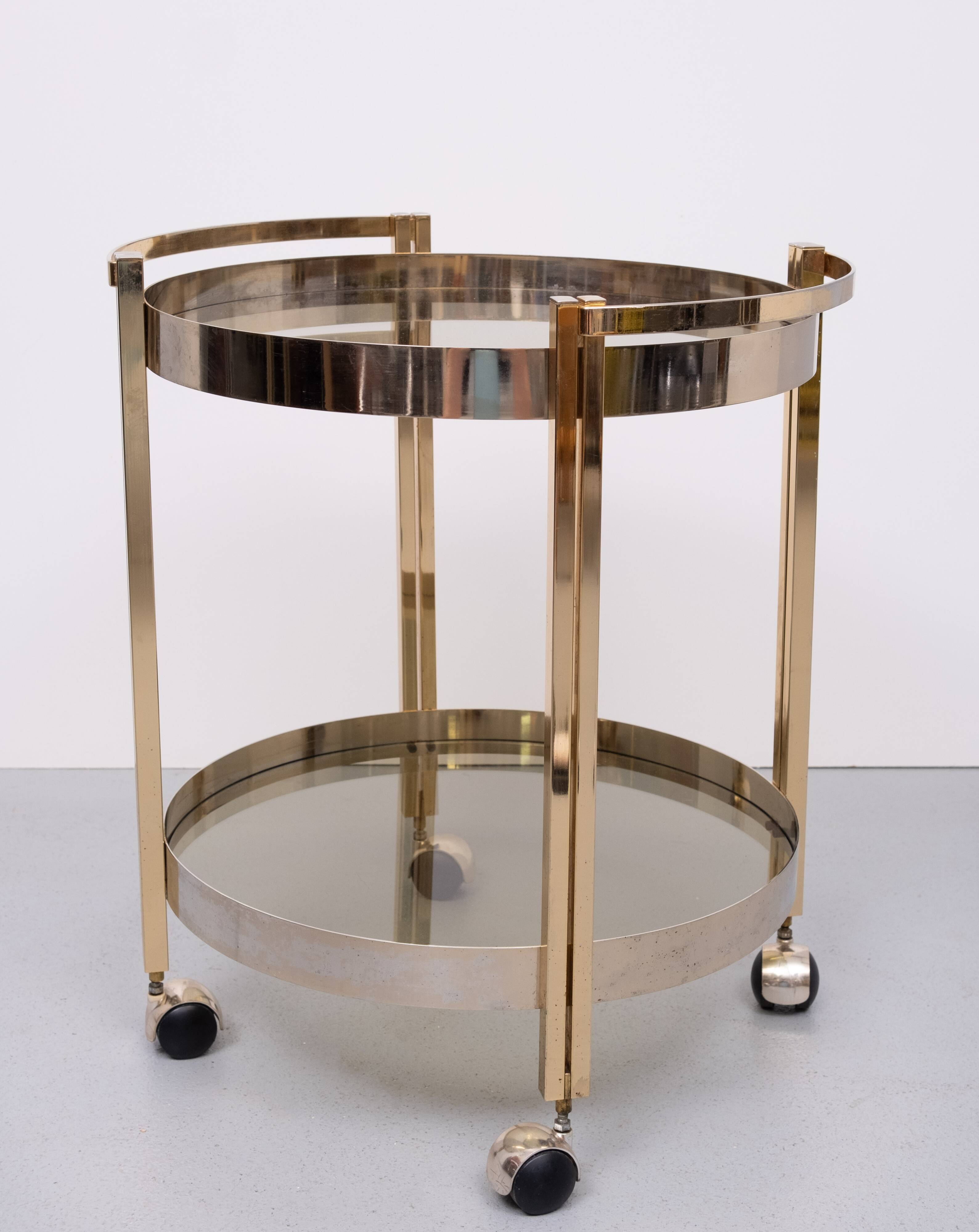 Hollywood Regency round Brass and Nickel Serving trolley 1970s