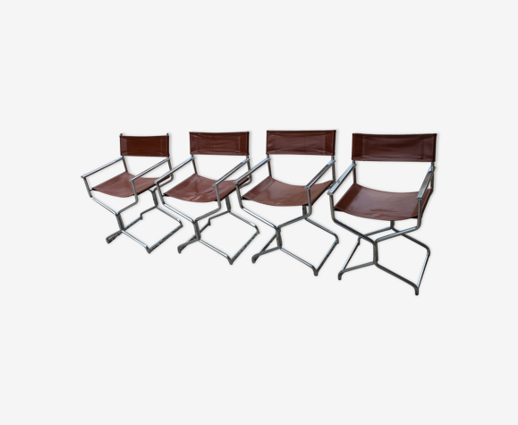 Lot de fauteuils avec accoudoirs en cuir et metal