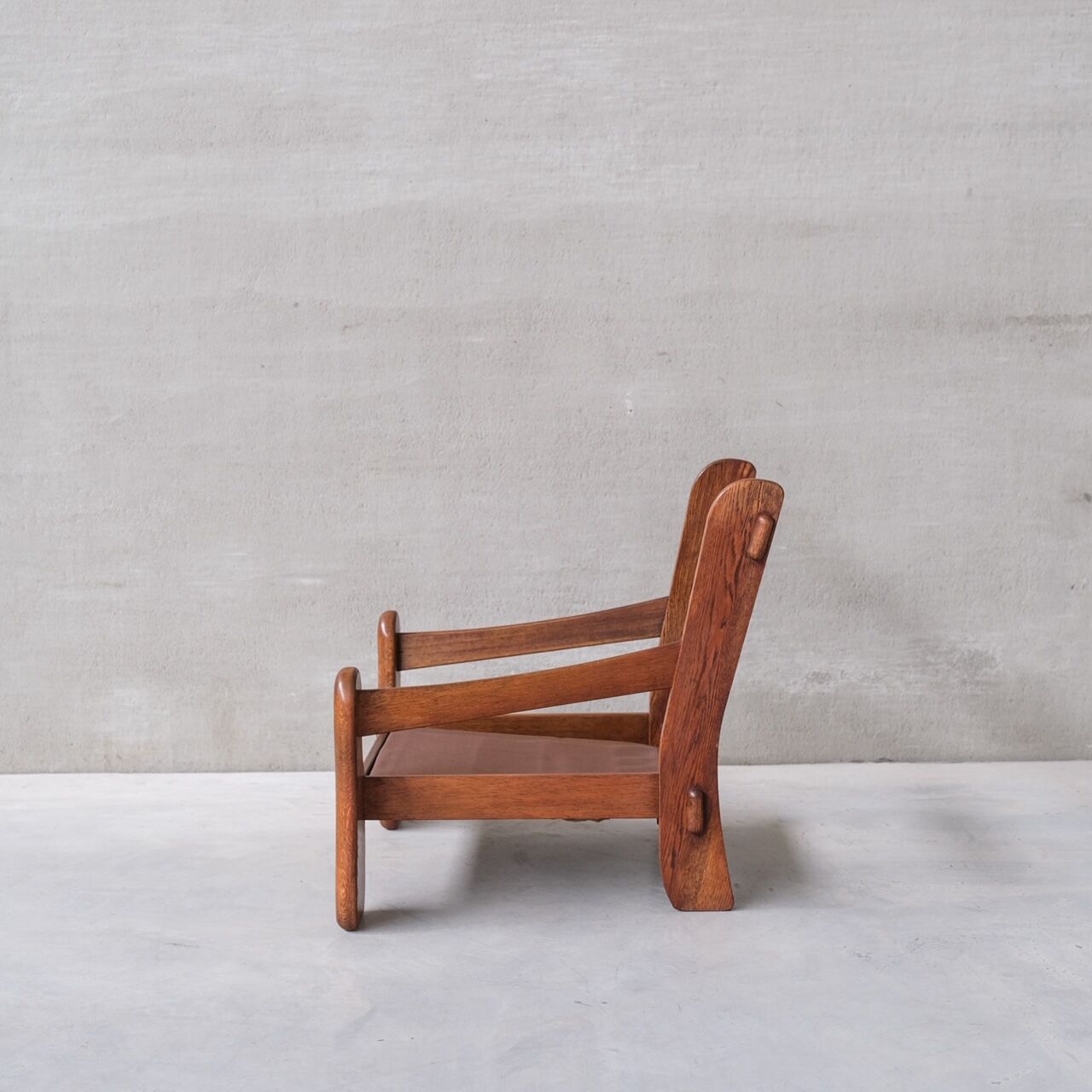 Pair of Oak Brutalist Leather Mid-Century Armchairs