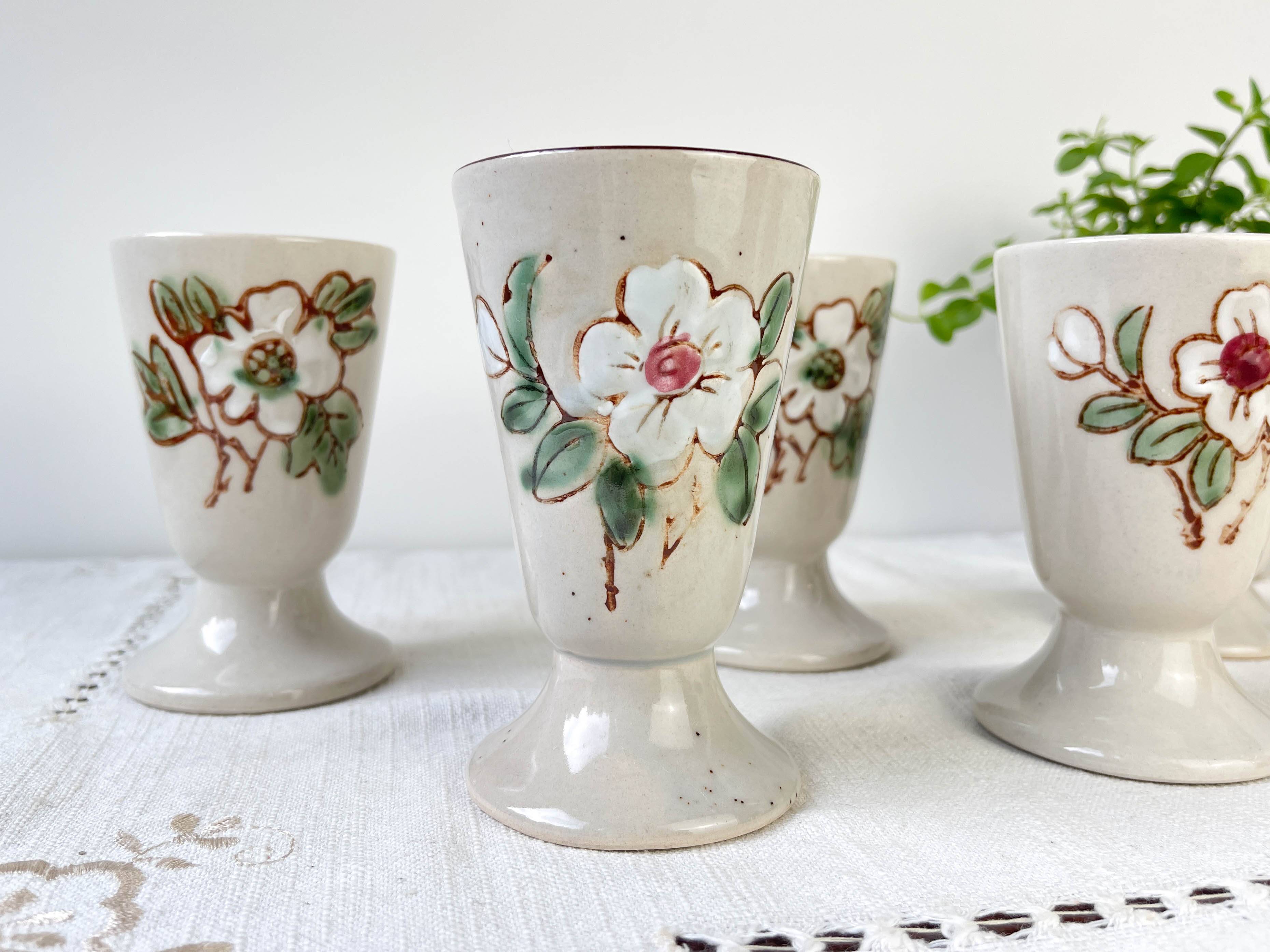 5 vintage stoneware Mazagrans with floral pattern Made in Korea 1980