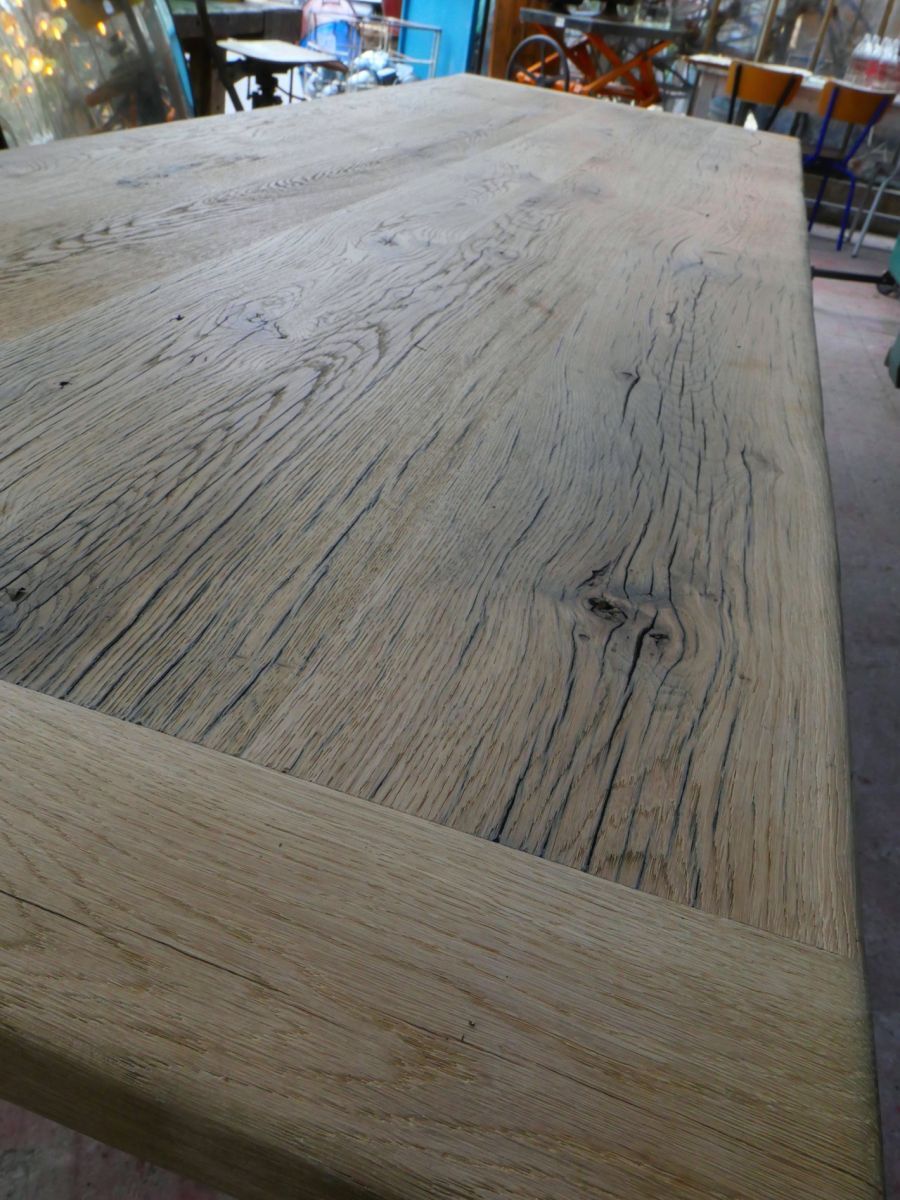 Industrial table solid oak tray and cast-iron footing