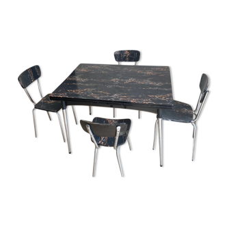 Extendable table + 4 marbled formica chairs