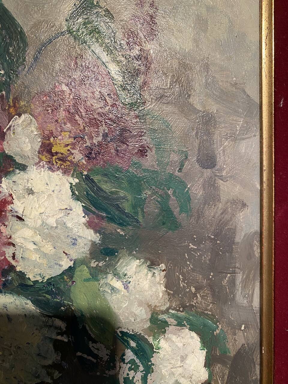 Antique painting, still life with lilacs and peonies signed Van der Berg circa 1950