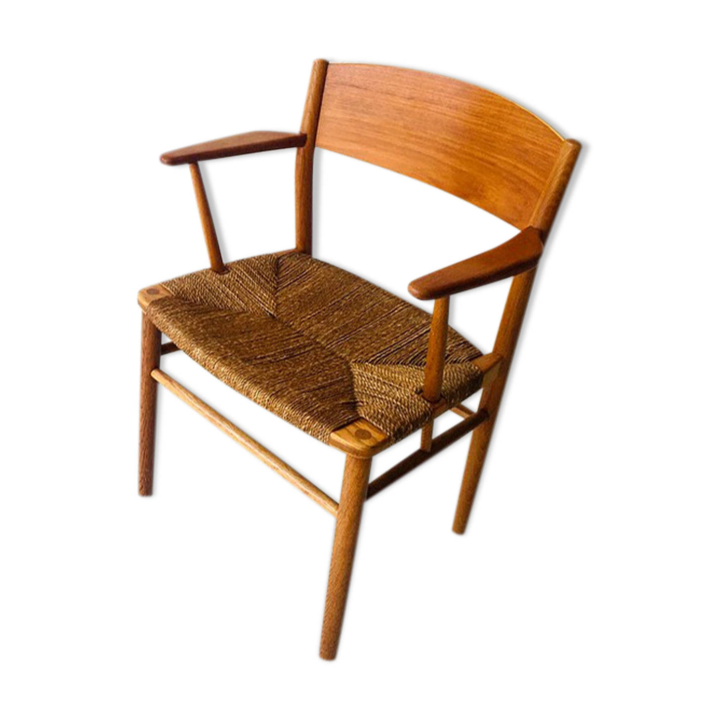 Fauteuil danois en teck, chêne et corde, années 1950