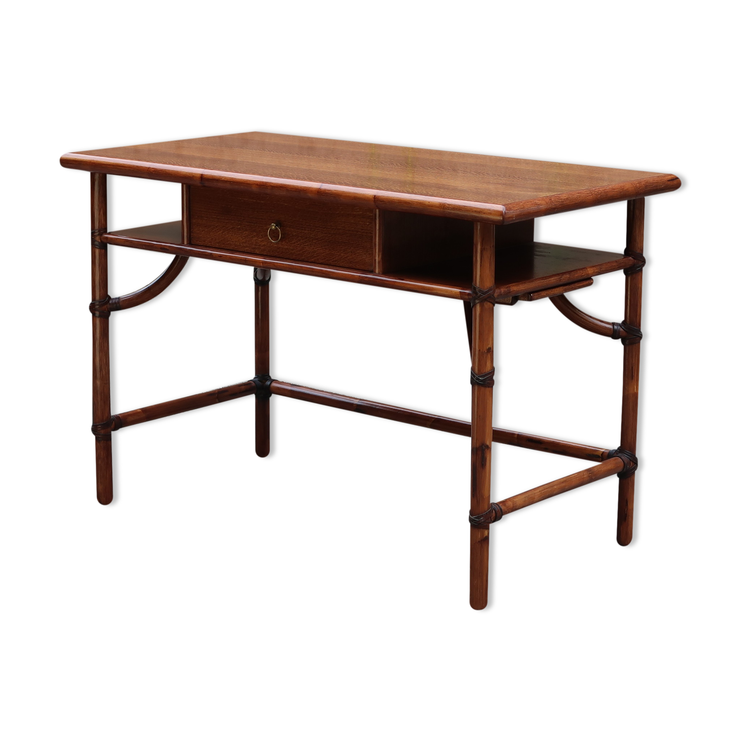 Bamboo and wooden desk with right side shelf on slide by Mc Guire 120x60