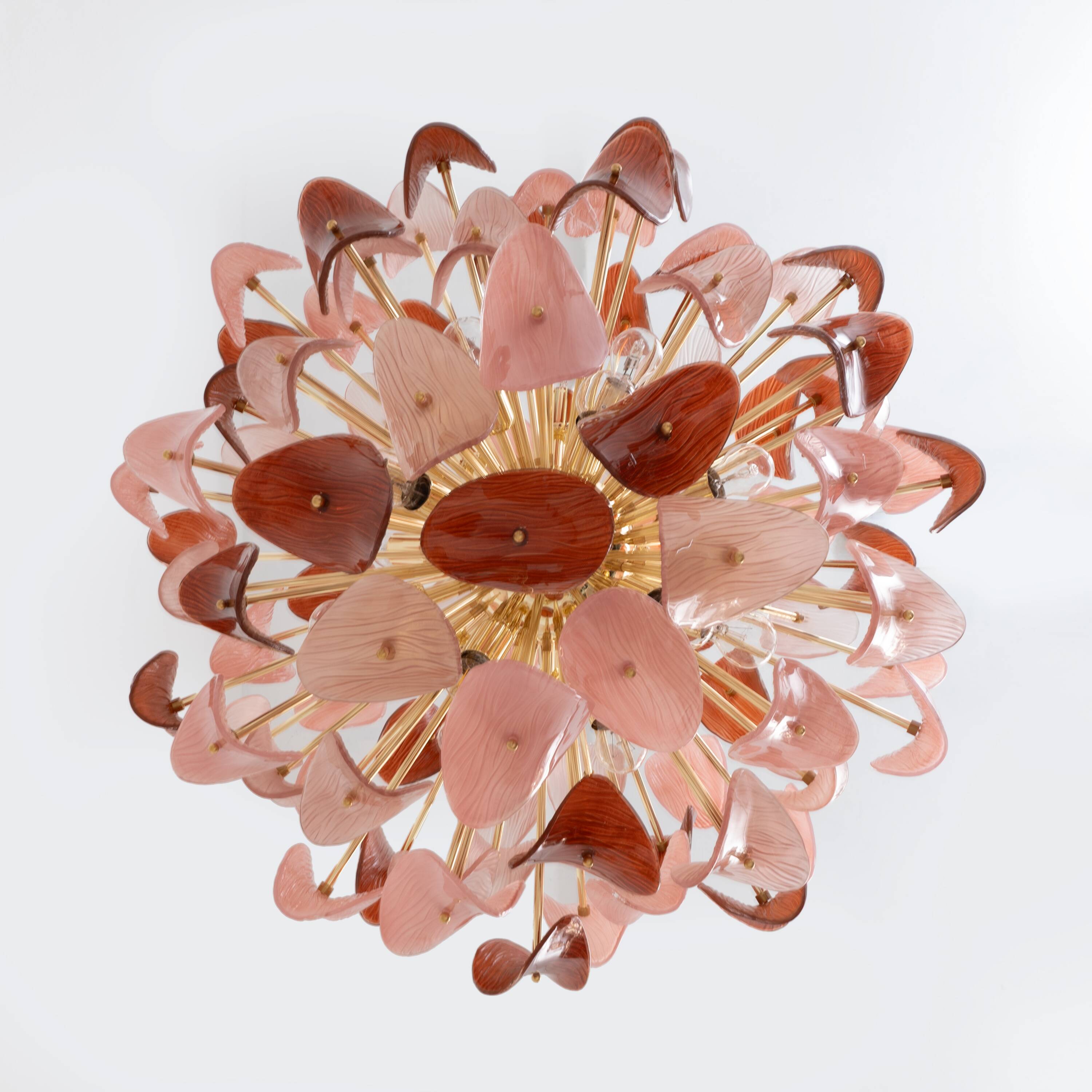 Italian Sputnik Chandelier in Pink and Ruby Murano Glass and Brass