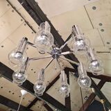Large ceiling light/chandelier in chromed metal and bubbled blown glass, 1970s