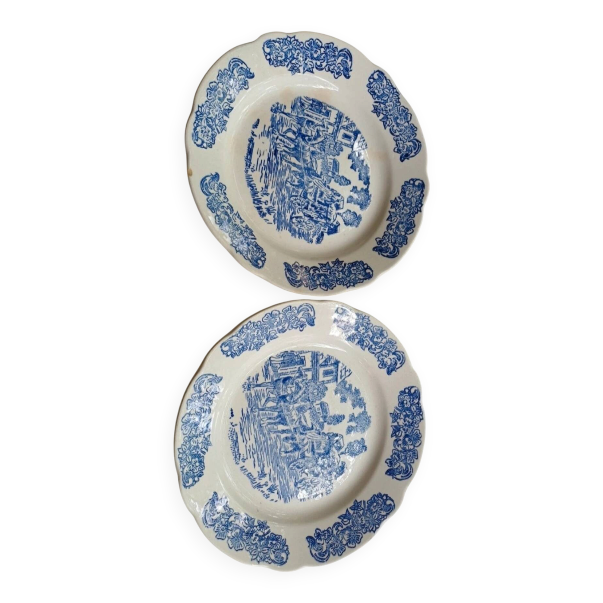 2 small antique Sarreguemines plates - Blue landscape decoration