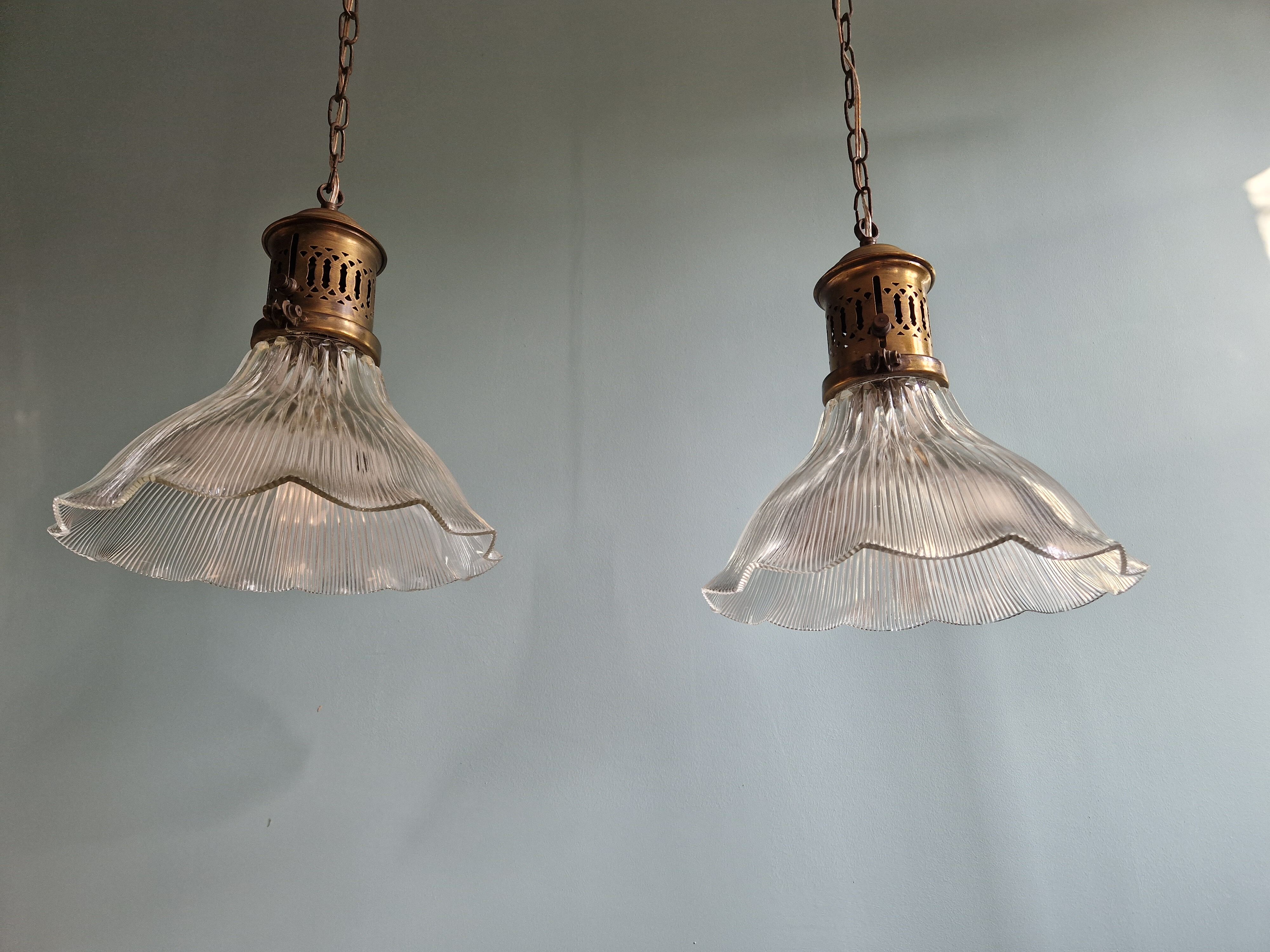 Pair of Holophane wall lamps in grooved glass, 1920s-30s
