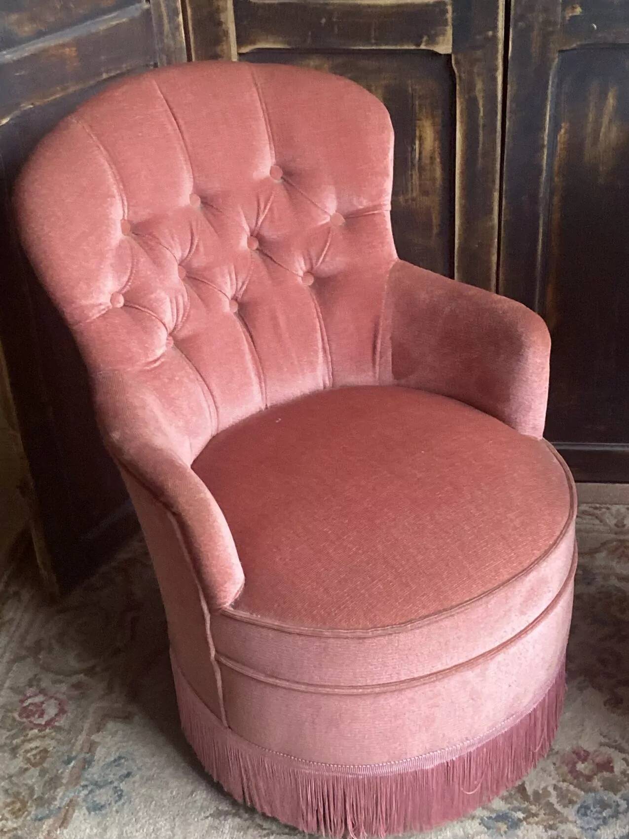 Pair of small vintage upholstered toadstool armchairs in old rose velvet – 1960s