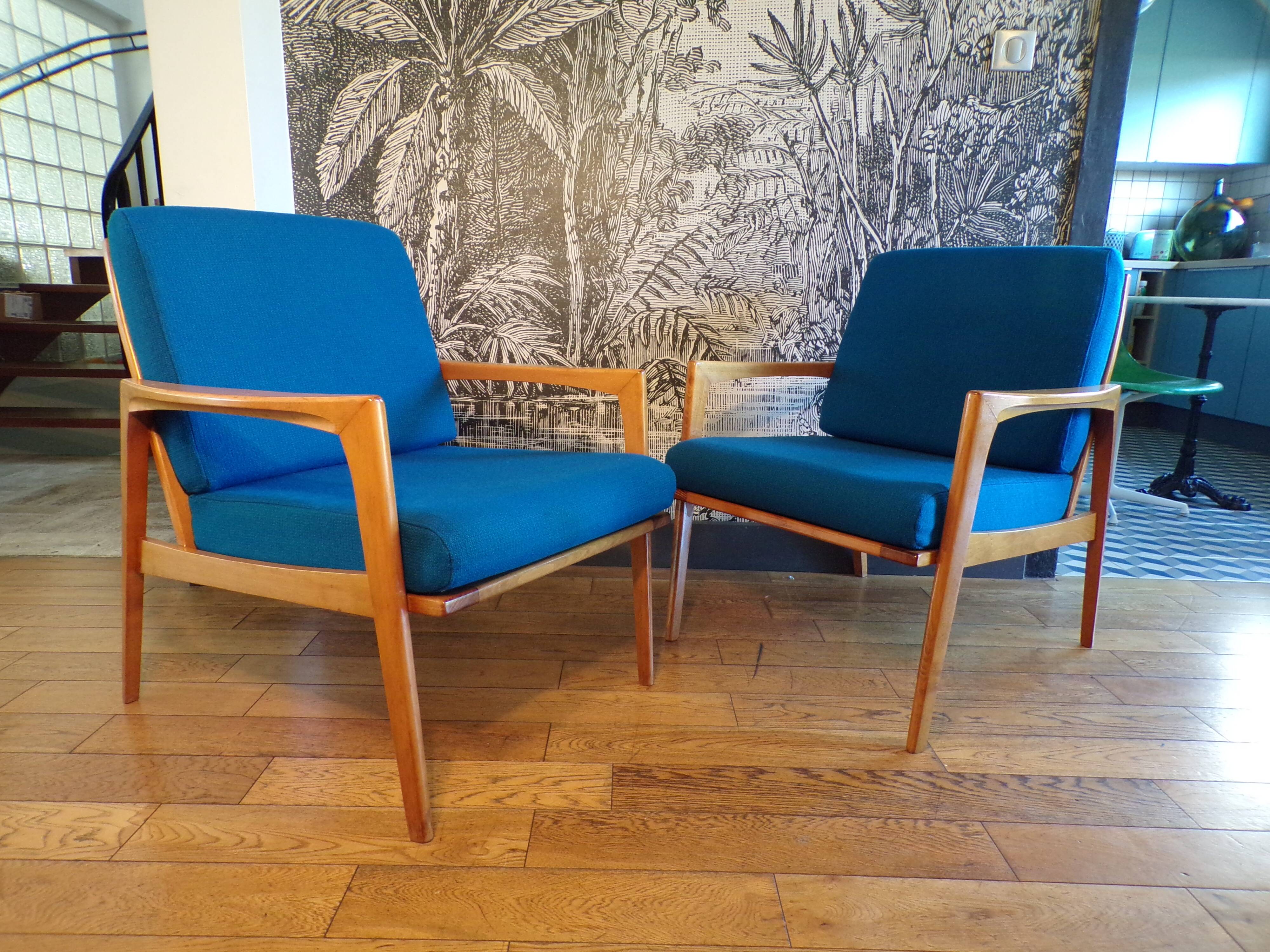 Pair of blue jersey Scandinavian armchairs