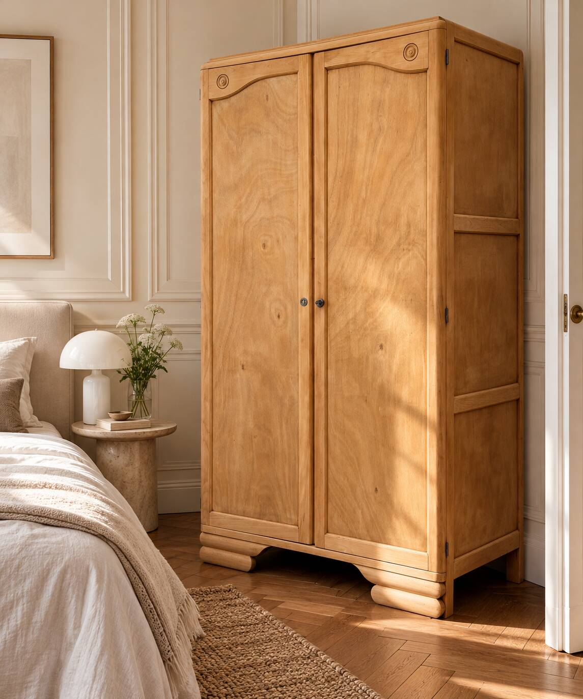 Parisian Art Deco wardrobe, renovated with raw wood.